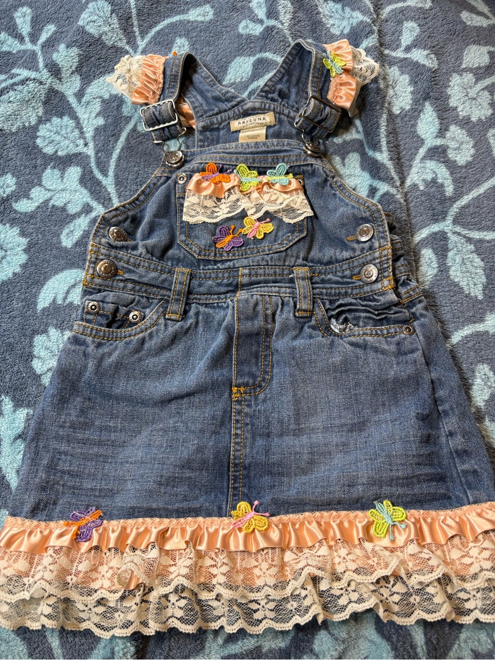 Arizona Jean Co. vintage Girls' Denim Overall Dress with Peach Trim